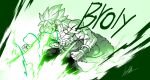  1boy broly_(dragon_ball_super) character_name clenched_hands cross_scar dragon_ball dragon_ball_super fingernails glowing glowing_eyes green_theme highres male_focus monochrome motion_lines muscular muscular_male no_pupils open_mouth scar scar_on_chest scar_on_face signature solo spiked_hair teeth topless_male torn torn_clothes zone_luch 