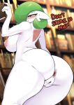  anus ashraely big_breasts blush breasts butt curvy_figure digital_media_(artwork) female gardevoir generation_3_pokemon genitals huge_breasts library looking_at_viewer nintendo nude open_mouth pokemon pokemon_(species) pussy red_eyes solo text thick_thighs video_games voluptuous wide_hips 