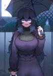  1girl absurdres ahoge bag black_hair blue_eyes blush breasts dress fence hairband hex_maniac_(pokemon) highres holding holding_bag holding_umbrella huge_breasts john_(a2556349) long_hair looking_at_viewer messy_hair mixed-language_commentary night purple_dress rain ribbed_sweater solo sweater umbrella 