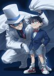  2boys black_hair blue_eyes blue_jacket blue_shirt bow bowtie cape closed_mouth collared_shirt dress_shirt edogawa_conan formal glasses gloves grey_shorts grin hand_in_pocket hat highres jacket kaitou_kid long_sleeves magic_kaito male_child meitantei_conan monocle multiple_boys necktie pant_suit pants red_bow red_bowtie red_footwear red_necktie remsor076 shirt short_hair short_shorts shorts smile socks suit white_cape white_gloves white_headwear white_jacket white_pants white_shirt white_socks wing_collar 