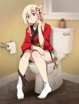  1girl arm_rest bare_legs bathroom blonde_hair closed_mouth elbow_rest hair_ribbon hand_up highres japanese_clothes kimono looking_at_viewer lycoris_recoil nishikigi_chisato one_side_up panties panties_around_one_leg plant potted_plant red_eyes red_kimono red_ribbon ribbon sbel02 short_hair sitting socks solo thighs toilet toilet_paper toilet_use underwear white_socks 