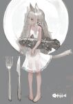  1girl absurdres animal animal_ears bangs barefoot blue_eyes cat_ears cat_tail dress fish fish_skeleton fork grey_background grey_hair highres holding holding_animal holding_fish knife long_hair original plate profile shadow solo tail tsumetai_(tsurunoka) very_long_hair white_dress 