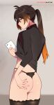  1boy androgynous ass blush brown_eyes brown_hair cellphone closed_mouth clothes_lift crossdressing earrings english_commentary genshin_impact gradient_hair highres holding holding_phone jewelry lifted_by_self long_hair looking_back male_focus matemi multicolored_hair orange_hair panties phone ponytail selfie shirt_lift smartphone solo standing thighhighs underwear zhongli_(genshin_impact) 