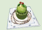  cake chocolate_syrup dessert food food_art food_focus fruit green_background highres ice_cream matcha_(food) original plate raspberry simple_background still_life tyatorabo 