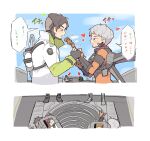  2boys 2girls apex_legends armor black_eyes black_footwear black_hair black_headwear blue_eyes blush bodysuit breastplate cloud crypto_(apex_legends) death_box_(apex_legends) feeding goggles hair_bun headset heart hetero highres jacket jetpack mechanical_legs multiple_boys multiple_girls nojima_minami octane_(apex_legends) orange_bodysuit sky speech_bubble translation_request valkyrie_(apex_legends) white_jacket wraith_(apex_legends) 