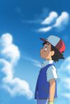  1boy ash_ketchum baseball_cap belt_buckle black_eyes black_hair buckle closed_mouth cloud commentary_request day from_side gloves green_gloves hat highres ia_(ilwmael9) jacket looking_up male_focus outdoors pants pokemon pokemon_(anime) pokemon_(classic_anime) short_hair short_sleeves sky solo 
