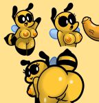 2022 anthro areola arthropod bee bee_babe_(violetghost) big_breasts big_butt black_areola black_stripes breasts butt digital_media_(artwork) duo female genitals hymenopteran insect male nipples open_mouth orange_nipples penis pussy simple_background solo_focus stripes thick_thighs violetghost white_eyes wings yellow_background yellow_body 