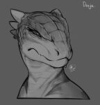  absurd_res anthro argonian bethesda_softworks bust_portrait chin_spikes deeja facial_spikes female florecentmoo frown greyscale hi_res horn monochrome portrait scalie scowl skyrim solo spikes spikes_(anatomy) the_elder_scrolls video_games 