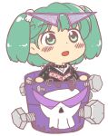  1girl anonymous_(japanese) black_jacket blush bucket eyewear_on_head full_body glasses green_eyes green_hair gyate_gyate hair_ornament in_bucket in_container jacket jaggy_lines kisume long_sleeves open_mouth short_hair short_twintails skull_hair_ornament solo touhou touhou_lost_word transparent_background twintails 
