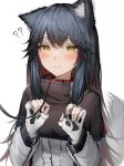  1girl ? ?? absurdres animal_ears arknights black_hair blush closed_mouth collar fingerless_gloves gloves highres leash long_hair red_collar simple_background solo tab_head tail texas_(arknights) upper_body white_background white_gloves wolf_ears wolf_girl wolf_tail yellow_eyes 