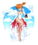  1girl breasts cleavage cosplay diadem elbow_gloves gloves goldeen goldeen_(cosplay) green_eyes hair_ornament high_heels highres leotard linkartoon looking_at_viewer misty_(pokemon) pokemon pokemon_(anime) pokemon_(classic_anime) showgirl_skirt solo white_footwear white_leotard 