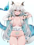  1girl :d breasts highres large_breasts long_hair looking_at_viewer open_mouth smile solo stomach_tattoo tail tattoo vei_(vtuber) virtual_youtuber vshojo waterring white_hair yellow_eyes 
