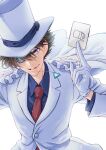  1boy absurdres blue_eyes blue_shirt brown_hair card collared_shirt formal gloves grin hat highres holding holding_card jacket kaitou_kid long_sleeves looking_at_viewer magic_kaito male_focus monocle necktie red_necktie remsor076 shirt short_hair simple_background smile solo upper_body white_background white_gloves white_headwear white_jacket wing_collar 