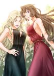  2girls ;) bare_arms black_dress blonde_hair blue_eyes breasts brown_hair cleavage closed_mouth cowboy_shot dress eyelashes floating_hair green_eyes hair_intakes hand_on_hip highres kudou_yukiko large_breasts long_hair looking_at_viewer meitantei_conan multiple_girls nail_polish one_eye_closed purple_nails red_dress red_lips remsor076 shiny shiny_hair sidelocks sleeveless sleeveless_dress smile standing straight_hair vermouth_(meitantei_conan) very_long_hair white_background 