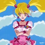  1girl 2022 artist_name blonde_hair blue_sky choker cloud collarbone crossed_arms cure_peach dated day earrings fresh_precure! gunbuster_pose hair_ornament heart heart_earrings heart_hair_ornament highres jewelry layered_skirt long_hair looking_at_viewer miniskirt nightstark outdoors pink_eyes pink_skirt precure red_choker shirt short_sleeves skirt sky solo twintails underbust white_shirt wrist_cuffs 