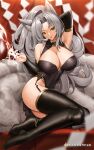  1girl animal_ears arm_behind_head black_leotard black_sleeves blurry blurry_background breasts copyright_name detached_sleeves electricity fake_animal_ears fake_tail garter_belt grey_hair highres iris_(seventh_star) large_breasts leotard long_hair multiple_tails seventh_star tail thighhighs tongue tongue_out tony_guisado yellow_eyes 