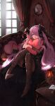  1girl absurdres alternate_costume black_dress blacktail_hihi blue_eyes dress granblue_fantasy hair_over_one_eye heart heart_pillow highres horns light_purple_hair long_hair low_tied_hair narmaya_(granblue_fantasy) object_hug pantyhose pillow pointy_ears solo v 