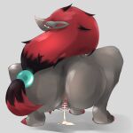  1:1 anthro anus black_body bodily_fluids butt censored cum female generation_5_pokemon genital_fluids genitals grey_background hair leaking_cum looking_at_viewer nintendo pokemon pokemon_(species) pussy red_hair simple_background solo video_games zoroark 