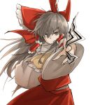  1girl ascot bow closed_mouth fingernails floating_hair frown grey_eyes grey_hair hair_bow hair_tubes hakurei_reimu holding kankan33333 long_hair long_sleeves looking_at_viewer reaching_out red_bow red_shirt red_skirt serious shirt simple_background skirt solo standing touhou white_background wide_sleeves yellow_ascot 