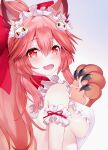  1girl animal_ear_fluff animal_ears animal_hands apron bell bow breasts cat_hair_ornament collar fate/grand_order fate_(series) fox_ears fox_girl gloves hair_between_eyes hair_bow hair_ornament highres jingle_bell large_breasts long_hair maid_headdress naked_apron neck_bell paw_gloves pink_hair red_bow red_eyes sabi1234 solo tamamo_(fate) tamamo_cat_(fate) tamamo_cat_(third_ascension)_(fate) upper_body white_apron 