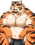  2022 anthro belly bulge felid genital_outline humanoid_hands kemono kumao male mammal musclegut nipples orange_body pantherine penis_outline sitting solo tiger 