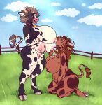  2022 absurd_res anthro anthro_on_anthro big_breasts bovid bovine breast_play breast_suck breastfeeding breasts brown_hair cattle cloud cloven_hooves duo female female/female fence genitals grass grey_hair hair hi_res holding_breast holstein_friesian_cattle hooves huge_breasts intraspecies kneeling mammal milk mottled nipple_fetish nipple_play nipple_suck nipples open_mouth outside plant pussy skye3337 standing sucking teats tongue tongue_out udders 