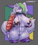  2022 anthro artist_name big_breasts bikini black_nose breasts canid canine canis clothed clothing collar duase ear_piercing female five_nights_at_freddy&#039;s five_nights_at_freddy&#039;s:_security_breach hair half-closed_eyes hand_on_leg hand_on_thigh hi_res huge_breasts jacket legwear lips long_hair looking_at_viewer mammal narrowed_eyes navel open_clothing open_shirt open_topwear pasties piercing portrait purple_lips roxanne_wolf_(fnaf) scottgames shirt simple_background sling_bikini smile solo spiked_collar spikes squish swimwear thick_thighs thigh_highs thigh_squish three-quarter_portrait topwear video_games wide_hips wolf 