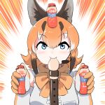  1girl animal_costume animal_ear_fluff animal_ears black_hair blue_eyes bow bowtie caracal_(kemono_friends) caracal_ears drink elbow_gloves gloves highres instrument kemono_friends kemono_friends_v_project long_hair mcgunngu microphone multicolored_hair orange_hair recorder shirt simple_background sleeveless sleeveless_shirt solo virtual_youtuber 