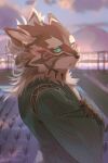  2022 anthro birry41 brown_body brown_fur clothing crossed_arms detailed_background ear_piercing fur green_clothing green_eyes hi_res lifewonders looking_at_viewer male multicolored_body multicolored_fur piercing seth_(tas) solo tokyo_afterschool_summoners video_games white_body white_fur 