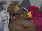  6pklion anthro ben_(zenless_zone_zero) black_nose black_sclera bodily_fluids brown_body brown_fur claws clothed clothing colored digital_media_(artwork) drooling duo facial_hair fur goatee hair hand_on_head jewelry male male/male mammal maroon_fur moobs multicolored_body multicolored_fur navel necklace nipple_fetish nipple_play nipple_suck open_clothing open_shirt open_topwear red_hair saliva saliva_on_moobs saliva_on_nipples shaded shirt signature simple_background slightly_chubby sucking tagme tan_body tan_fur teeth_showing tongue tongue_out topwear two_tone_body two_tone_fur undershirt ursid 