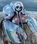  2022 anthro arthropod big_breasts black_eyes blue_nipples breasts butt crustacean decapoda female hi_res lobster lying malacostracan marine nipples non-mammal_breasts non-mammal_nipples nude nude_anthro nude_female on_front pincers psyk323 solo 