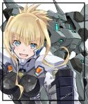  1girl artist_name black_border blonde_hair border breasts ef-2000_typhoon_(muvluv) fortified_suit gloves grey_gloves highres ilfriede_von_feulner jun_(rellik_&amp;_redrum) looking_at_viewer mecha medium_breasts muvluv muvluv_alternative open_mouth pilot_suit robot smile tactical_surface_fighter the_euro_front v-shaped_eyebrows white_background 