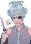  1boy bow cinnamiku cinnamoroll cosplay detached_sleeves eyepatch facial_hair fingernails goatee green_eyes green_hair hair_bow hatsune_miku hatsune_miku_(cosplay) highres kakiriki knife majima_gorou male_focus nail_polish necktie ryuu_ga_gotoku sanrio twintails vocaloid 