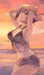  1girl armpits arms_up bangs breasts brown_hair casual chain_necklace cleavage crop_top denim denim_shorts green_eyes highres jewelry kantai_collection kasumi_(skchkko) medium_breasts midriff mutsu_(kancolle) navel necklace one_eye_closed parted_lips short_hair short_shorts shorts sideboob smile solo sunset tank_top thighs 