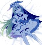  1girl alina_gray aqua_eyes ayumaru_(art_of_life) bow breasts earrings green_hair hair_between_eyes holy_alina jewelry long_hair long_sleeves magia_record:_mahou_shoujo_madoka_magica_gaiden magical_girl mahou_shoujo_madoka_magica pleated_skirt puffy_sleeves red_bow simple_background skirt solo thighhighs very_long_hair white_skirt wings 