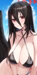  1girl absurdres bangs bare_shoulders bikini black_bikini black_choker black_wings blue_archive blue_sky blush breasts choker cleavage closed_mouth cloud collarbone commentary_request criss-cross_halter day feathered_wings hair_between_eyes halo halterneck hasumi_(blue_archive) highres large_breasts long_hair looking_at_viewer mole mole_under_eye navel outdoors raw_egg_lent red_eyes sitting sky solo stomach swimsuit upper_body very_long_hair wings 