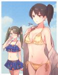  2girls bikini blue_bikini blush border breast_envy breasts brown_eyes brown_hair cleavage closed_mouth cloud day flat_chest floral_print frilled_bikini frills gold_bikini green_eyes green_hair halterneck highres kaga_(kancolle) kantai_collection kasumi_(skchkko) large_breasts long_hair multiple_girls outdoors side-tie_bikini side_ponytail sky string_bikini swimsuit twintails white_border zuikaku_(kancolle) 