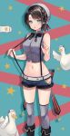  1girl :o absurdres aqua_background aqua_eyes back_bow backwards_hat bangs baseball_cap beret bird black_bow black_bowtie black_hair blue_shorts bow bowtie braid breasts button_gap clothes_pull clothing_cutout cowboy_shot crop_top drop_shadow duck grey_shirt grey_thighhighs hat hat_ribbon highres hip_vent hololive lace_trim light_blush looking_at_viewer medium_breasts midriff multicolored_background official_alternate_costume oozora_subaru open_mouth over-kneehighs parted_bangs pi_tayuko pinstripe_pattern pinstripe_shirt pulled_by_self red_bow red_ribbon ribbon shiny shiny_hair shirt short_hair short_shorts shorts side_braid sleeveless sleeveless_shirt solo standing star_(symbol) striped subaru_duck suspender_shorts suspenders suspenders_pull swept_bangs thighhighs thighs turtleneck virtual_youtuber white_headwear 