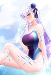  1girl bangs bare_shoulders blue_hair blush body_markings breasts competition_swimsuit earrings fate/grand_order fate_(series) flower hair_flower hair_ornament hair_ribbon jewelry kama_(fate) kama_(swimsuit_avenger)_(fate) large_breasts long_hair looking_at_viewer lotus multicolored_hair one-piece_swimsuit red_eyes ribbon solo star_(symbol) star_earrings swimsuit thighs two-tone_hair white_hair yumeneko_nyaa 