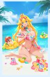  1boy 1girl bikini blonde_hair blue_eyes breasts crossover crown highres kirby_(series) large_breasts long_hair mario mario_(series) mushroommirror ocean princess_peach swimsuit very_long_hair waddle_dee water yoshi 