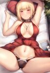  1girl arm_up armpits bed_sheet black_panties blonde_hair blush breasts brown_collar closed_mouth clothes_lift collar dress dress_lift highres jewelry kimoshi lycoris_recoil lying medium_breasts navel nishikigi_chisato on_back panties pendant pillow red_dress red_eyes sheet_grab short_hair sign solo spread_legs stomach sweat thighs underwear 
