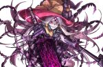  1girl abigail_williams_(fate) absurdres black_bow bow fate/grand_order fate_(series) floating_hair glowing glowing_eyes grin hat hat_bow highres holding holding_sword holding_weapon kankan33333 keyhole long_hair looking_at_viewer multiple_bows pale_skin red_eyes sharp_teeth simple_background slit_pupils smile solo sword teeth third_eye very_long_hair weapon white_background white_hair wide_sleeves witch_hat yellow_bow 