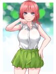  :&gt; arm_up armpits bangs blue_eyes blunt_bangs blush breasts eyebrows_hidden_by_hair go-toubun_no_hanayome green_skirt hand_on_hip highres large_breasts looking_at_viewer marimo_625 nakano_nino outdoors pink_hair shirt simple_background skirt sleeves_rolled_up thick_thighs thighs twintails white_shirt wide_hips 