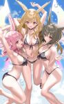  3girls bangs bare_shoulders bikini black_bikini black_hair blonde_hair blush breasts cleavage collarbone energy_wings fate/grand_order fate_(series) head_wings highres hildr_(fate) large_breasts long_hair looking_at_viewer multiple_girls navel open_mouth ortlinde_(fate) pink_hair red_eyes shino_(eefy) short_hair sidelocks smile swimsuit thighs thrud_(fate) valkyrie_(fate) 