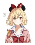  1girl ? alternate_hairstyle blonde_hair bow bowtie cardigan churro closed_mouth collared_shirt cowlick food h_(eitilog) heterochromia highres holding holding_food hoshikawa_sara long_sleeves looking_at_viewer mickey_mouse_ears nijisanji orange_eyes pink_cardigan polka_dot polka_dot_bow red_bow red_bowtie red_eyes shirt short_hair simple_background smile solo spoken_question_mark upper_body virtual_youtuber white_background white_shirt 
