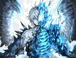  1boy absurdres antenna_hair blood blue_eyes closed_mouth copyright_request flaming_skull gauntlets highres kankan33333 looking_at_viewer male_focus skeleton smile spread_wings upper_body white_hair wings 