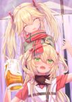 2girls absurdres admiral_hipper_(azur_lane) ahoge alcohol arms_up azur_lane bangs beer beer_mug black_gloves blonde_hair bluecher_(azur_lane) blush breasts casual closed_eyes commentary_request cross_print cup elbow_sleeve gloves green_eyes grey_shirt hair_between_eyes head_tilt highres holding holding_cup indoors large_breasts long_hair looking_up mole mole_under_eye mug multiple_girls open_mouth partial_commentary partially_fingerless_gloves plaid plaid_skirt red_scarf red_skirt red_sleeves scarf shirt short_sleeves sidelocks skirt smile standing t-shirt teeth twintails two_side_up upper_body upper_teeth white_shirt zusshii_(libertasgenesis) 