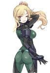  1girl arm_behind_head ass black_gloves blonde_hair bodysuit breasts floating_hair fortified_suit from_behind gloves green_bodysuit jun_(rellik_&amp;_redrum) long_hair looking_back medium_breasts muvluv muvluv_alternative one_eye_closed open_hand original parted_lips pilot_suit pink_eyes ponytail skin_tight smile solo 