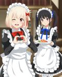  2girls ;d alternate_costume alternate_hairstyle apron bangs black_dress black_hair blonde_hair blush bob_cut commentary_request dress enmaided food frilled_apron frills hair_ribbon heart heart_hands holding holding_plate inoue_takina lieass long_hair long_sleeves lycoris_recoil maid maid_apron multiple_girls nishikigi_chisato omurice one_eye_closed open_mouth parted_lips plate puffy_long_sleeves puffy_sleeves purple_eyes red_eyes red_ribbon ribbon short_hair smile teeth twintails upper_teeth white_apron 