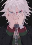  1boy :d bandaged_arm bandages bangs black_background black_jacket chain collar danganronpa_(series) danganronpa_another_episode:_ultra_despair_girls green_shirt grey_eyes grey_hair hands_on_own_face hands_up highres jacket komaeda_nagito long_sleeves male_focus me1j1 medium_hair metal_collar nail_polish open_clothes open_jacket open_mouth red_nails servant_(danganronpa) shiny shiny_hair shirt simple_background smile solo 